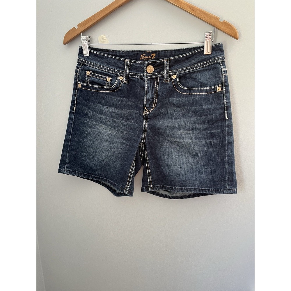 Seven7 Women's Blue Denim Jean‎ Shorts Size 4 Mid Rise Embroidered Pockets Back